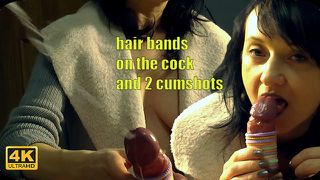tight hair bands on the cock and 2 huge cumshots